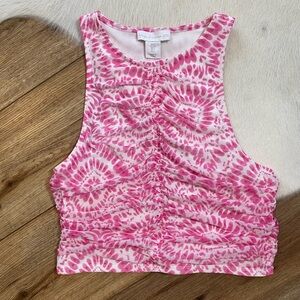 House of Harlow 1960 Pink Tie-Dye Ruched Sleeveless Top